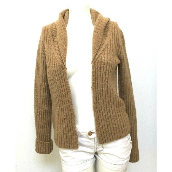 Express Women’s Small Sweater Tan Metallic Wool Blend Long Sleeve Cardigan - Picture 4 of 6